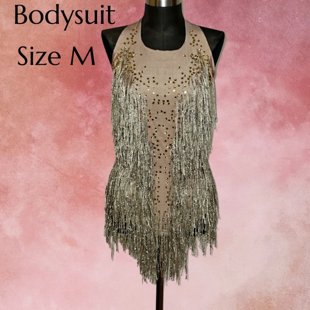 GoldRhinestone Fringe Bodysuit Glam Statement Costume Size M